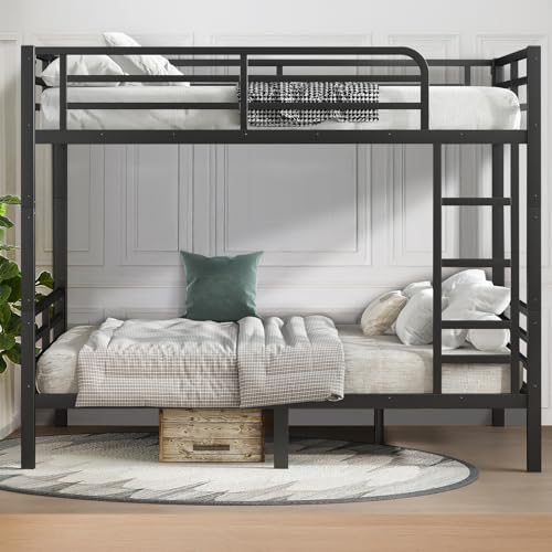 Twin XL Over Twin XL Bunk Bed, Metal Bunk Bed Frame Heavy Duty Bunk Beds Loft Bed Frame with Ladder and Guardrail Metal Slats No Box Spring Required for Adults Teens, Black