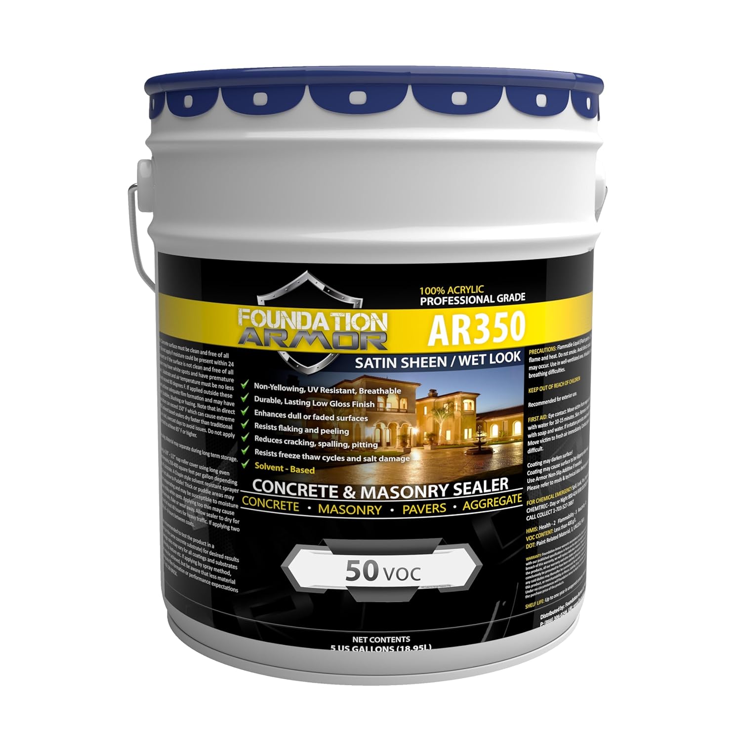 Armor AR350 Low Gloss Wet Look Concrete Sealer 5 Gallon - Professional Grade Color Enhancing Solvent Based Acrylic Sealer for Exterior Concrete and Pavers - 50 VOC