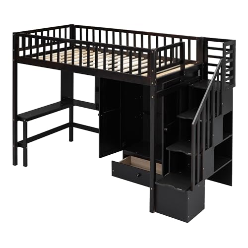 Full Size Loft Bed with Wardrobe Desk Storage Stairs, Wood Loft Bed Frame with Bookcase and Drawers, High Loft Bedframe for Kids Teens Adults, No Box Spring Needed, Espresso