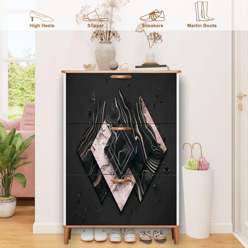 Shoe Cabinet with 3 Flip Drawers Pastel colors Luxury art Eastern style Golden swirl artistic Wooden Shoe Storage Cabinet Boho Freestanding Hidden Shoe Rack Slim Shoe Organizer for Entryway