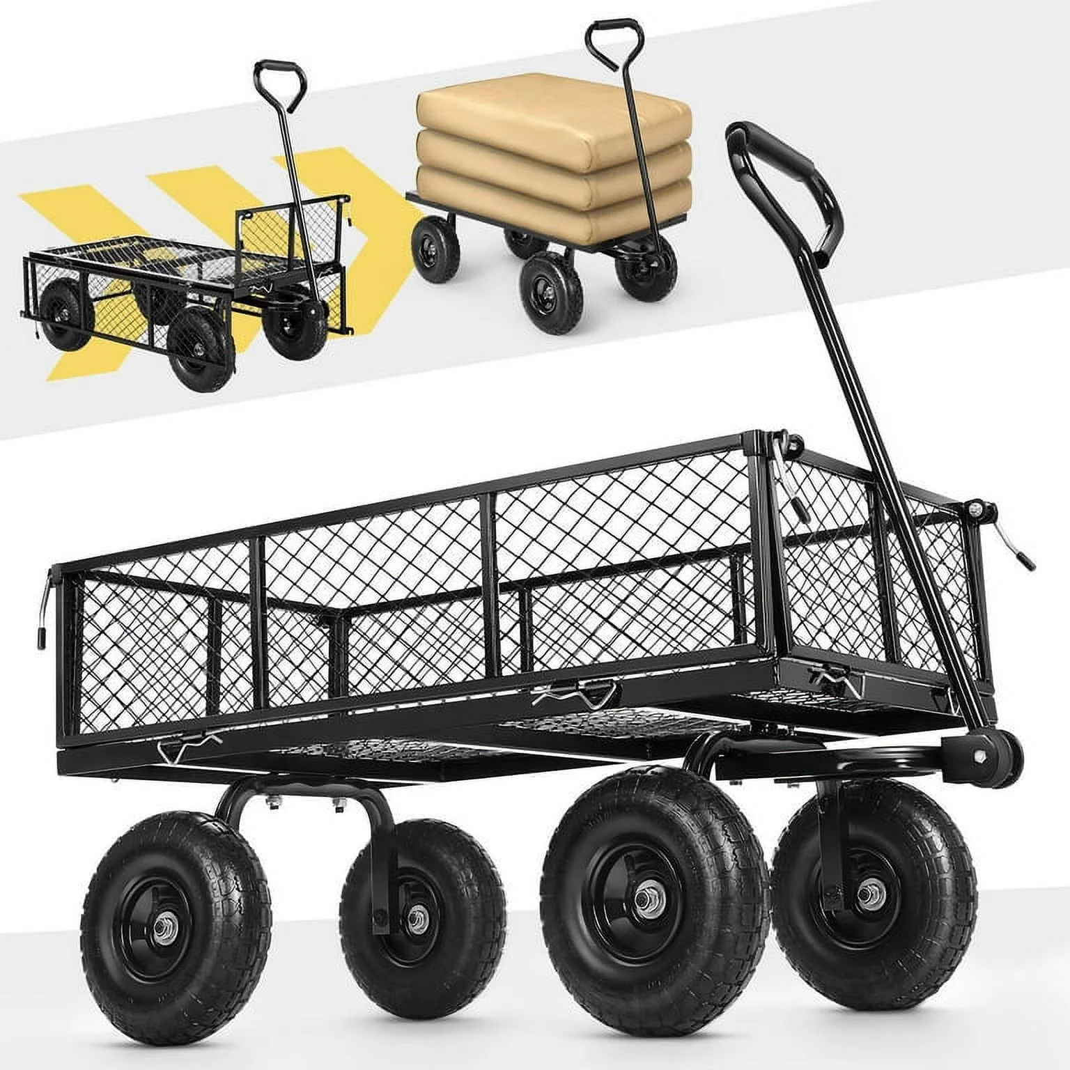 SEJOV Steel Garden Cart, Heavy Duty 660 LBS Capacity, with Removable Mesh Sides to Convert into Flatbed, Utility Metal Wagon with 180° Rotating Handle and 10" Tires, Perfect for Garden, Farm, Yard - Curated Treasures Market