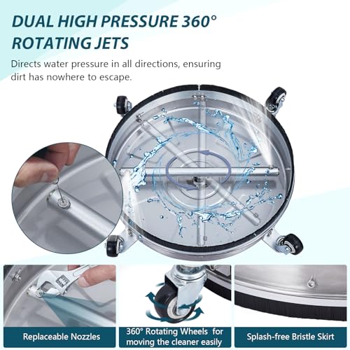 Towallmark 24" Pressure Washer Surface Cleaner with Dual Handle, 4 Wheels, 3/8" Quick Connect, 2 Replacement Nozzles, Stainless Steel Power Washer Surface Cleaner for Driveway Sidewalk Patio 4000 PSI