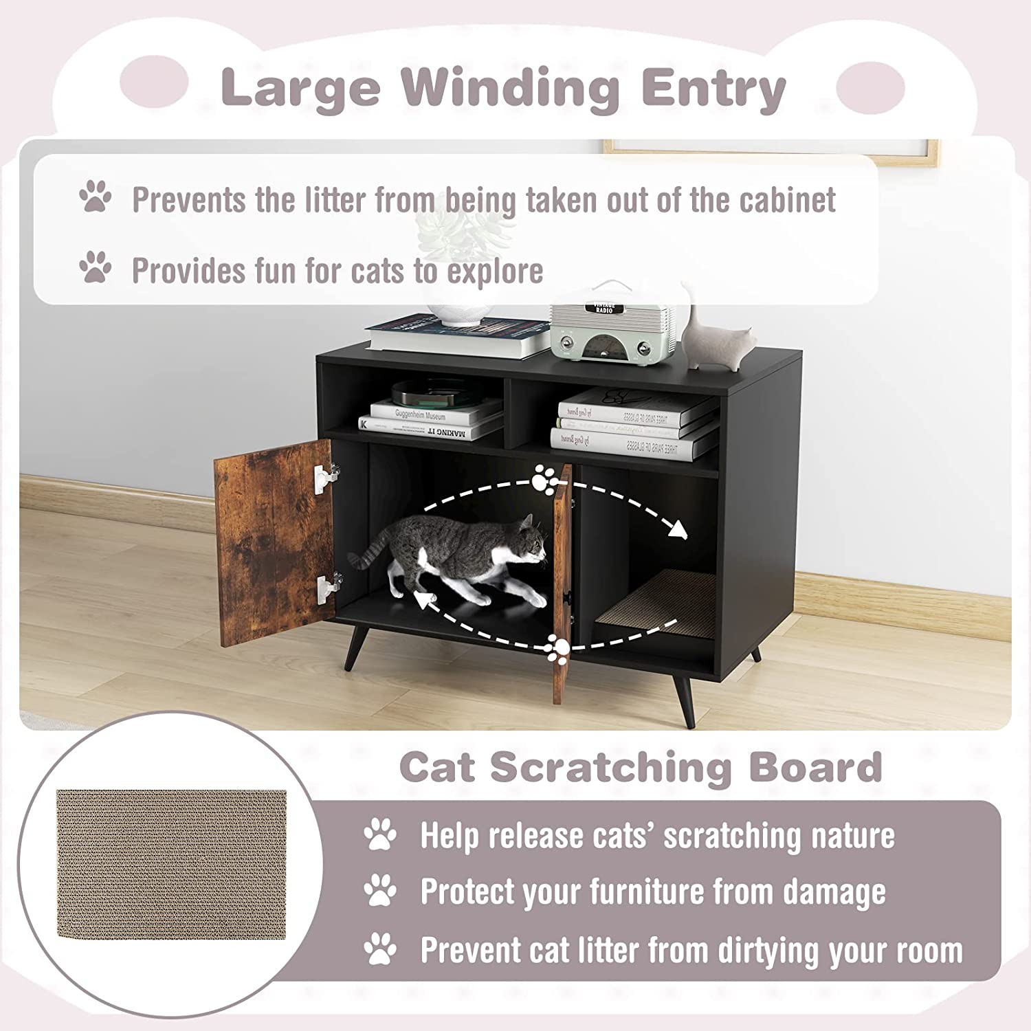 Cat Litter Box Enclosure, Hidden Cat Washroom Furniture with Double Door Cabinet, Compartments & Cat Scratch Pad, Pet House Side Table for Indoor Cats, Litter Box Furniture (Rustic Brown)