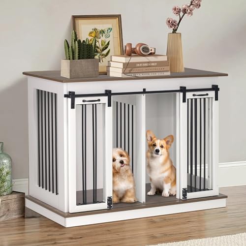 Dog Crate Furniture with Divider, Dog Crate for Small to Large Dogs, Dog Kennel Furniture with Double Doors, 47.2" W x 23.6" D x 35" H, White