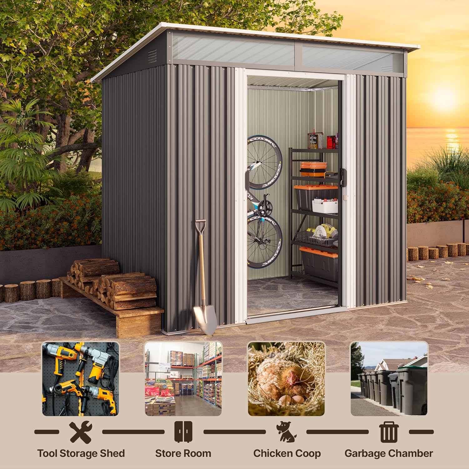 Gizoon 6' x 4' Outdoor Storage Shed with Sliding Doors, Versatile Metal with Anchors, Tool Shed with Transparent Panel Windows, Outdoor Storage Clearance for Backyard, Patio, Garden Dark Gray