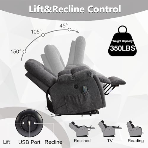 CANMOV Large Power Lift Recliner Chair with Massage, Heat, and USB for Elderly, Overstuffed Wide Recliners, Heavy Duty and Safety Motion Reclining Mechanism, Gray