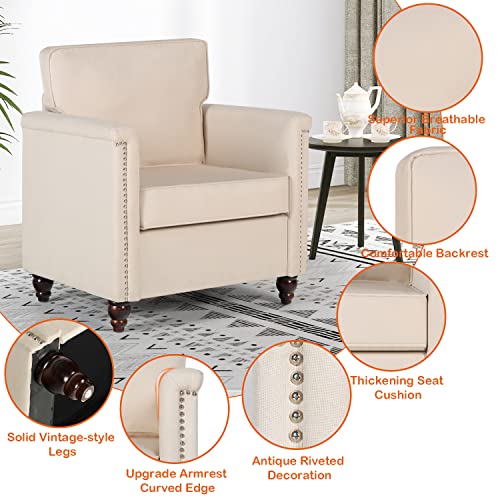 AILEEKISS Accent Chairs Set of 2 for Living Room Upholstered Arm Chairs Traditional Chesterfield Armchair Bedroom Reading Chairs for Adults Comfy Fabric Single Sofa Chair (2, Beige)