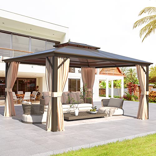 EROMMY 10' x 12' Hardtop Gazebo, Aluminum Frame Gazebos with Galvanized Steel Double Roof, Permanent Outdoor Metal Pavilion with Curtain and Netting for Patio, Lawn, Deck