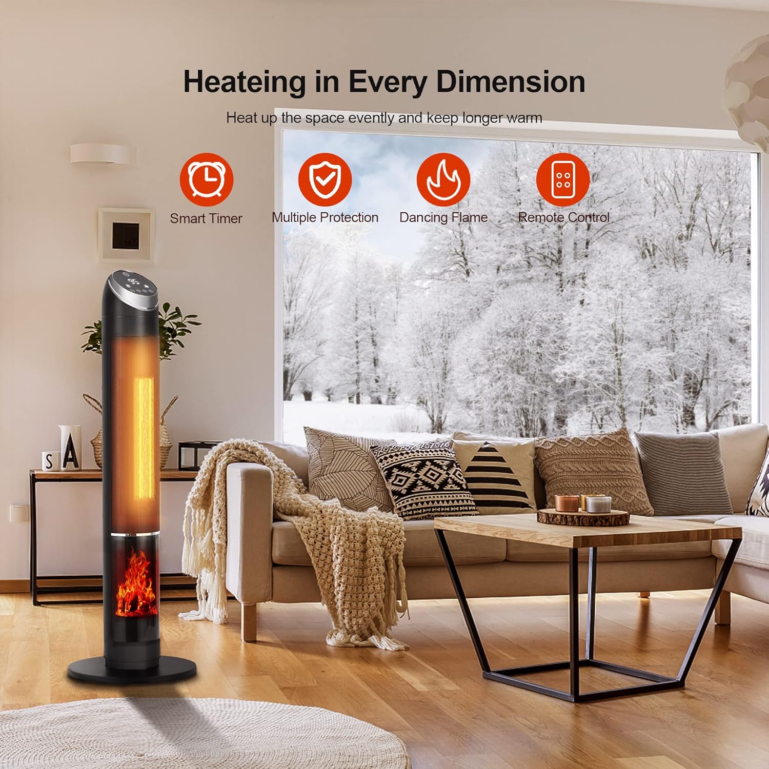 38" Space Heater, Heaters for Large Room, 1500W PTC Fast Heating Oscillating Ceramic Heater with Thermostat, 24H Timer, Remote, 3D Flame, Overheat & Tip-over Protection, for Home, Indoor Use (38 Inch)