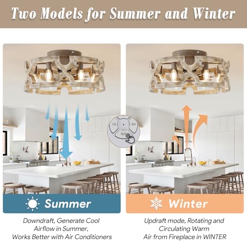 Fandelier Ceiling Fan with Light, Farmhouse Ceiling Fans Lights Caged 18 in Rustic Boho Wood Chandelier Fan Fixtures Vintage Bladeless Ceiling Fan Remote Dining Room 6xE12 Base (White-1)