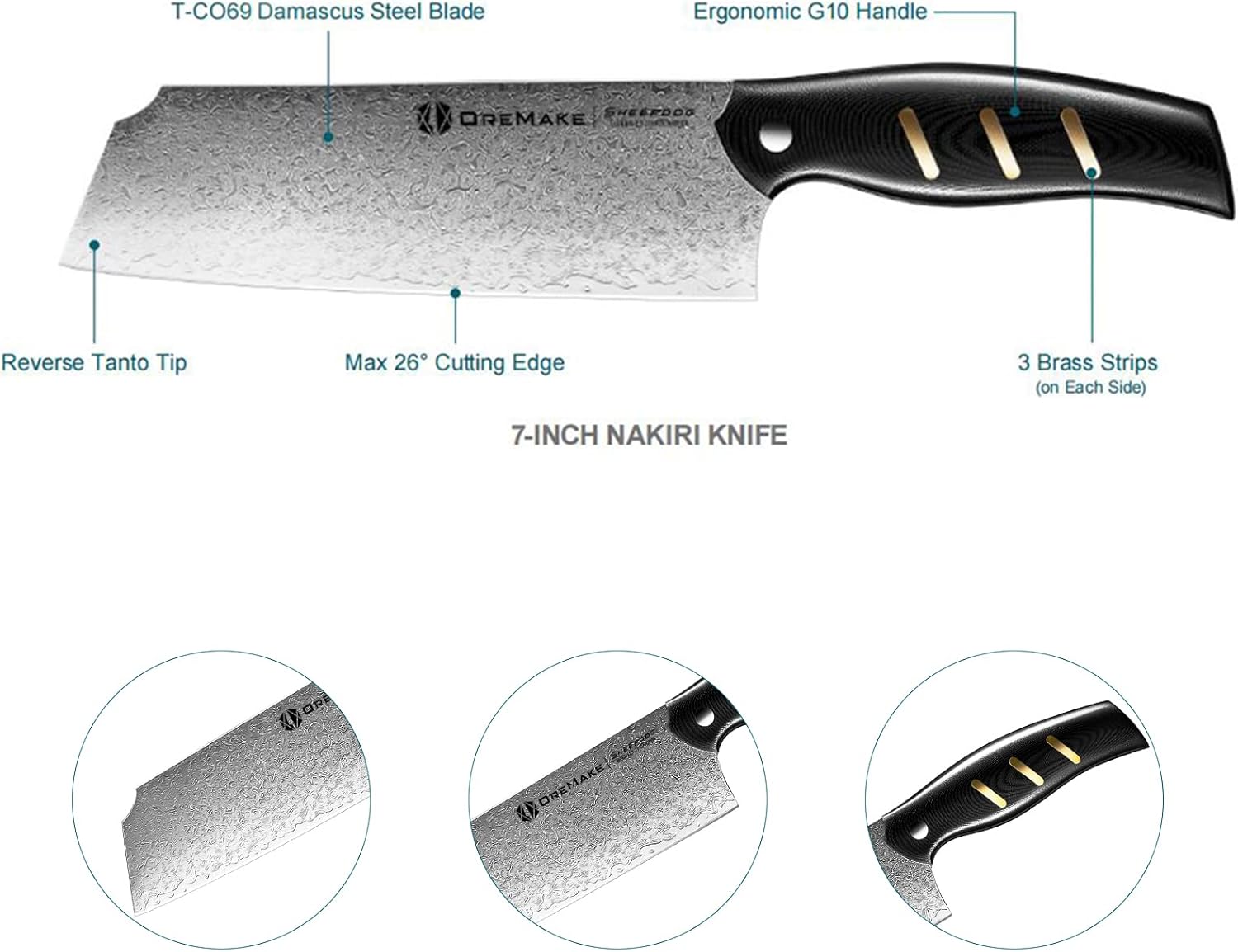 Chef's Knife, OREMAKE 7-INCH NAKIRI Kitchen Knife, Japanese Damascus Steel 69-Layer Forged, With High Carbon Content, With Ergonomic Brass-Accented G10 Handle, Sheepdog Knife Series，Gift For Family.