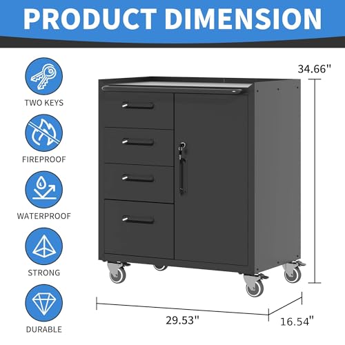 Metal Storage Cabinet with Wheels, Lockable Garage Cabinet with Doors and Shelves, Rolling Tool Storage, Assembly Required, Black