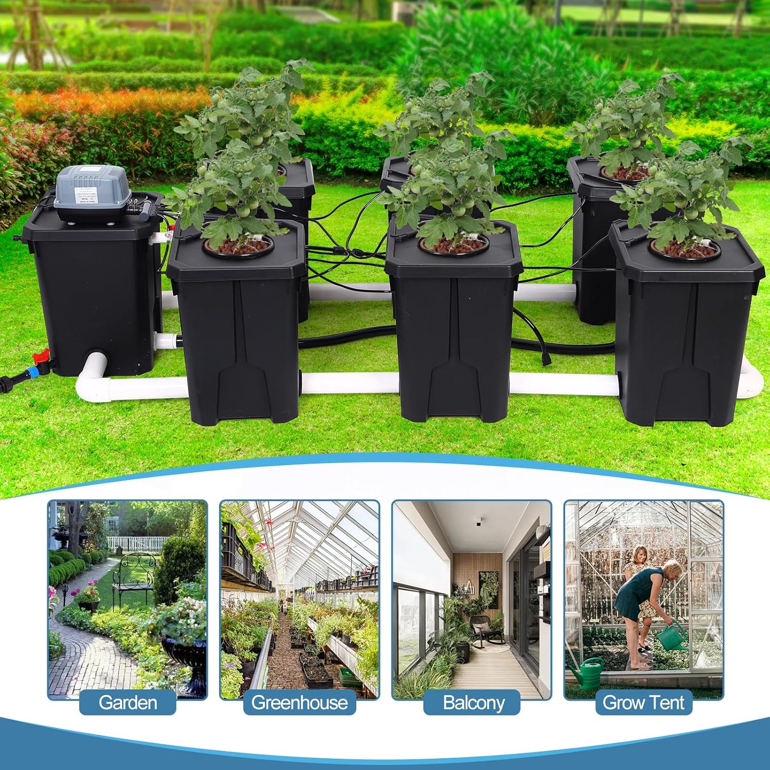 RDWC Hydroponics Grow System 6 Site + Reservoir, 7-Gallon Top Drip Recirculating Deep Water Culture Hydroponic Bucket System, Hydroponics Growing System Kit with Water Pump, Air Pump