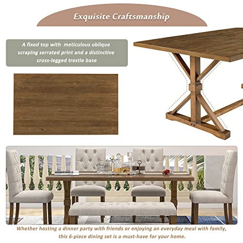 6-Piece Farmhouse Dining Table Set, 72" Wood Rectangular Table, 4 Upholstered Chairs with High Back and a Bench for Living, Guest Room, Home Bar and Kitchen (Gray)