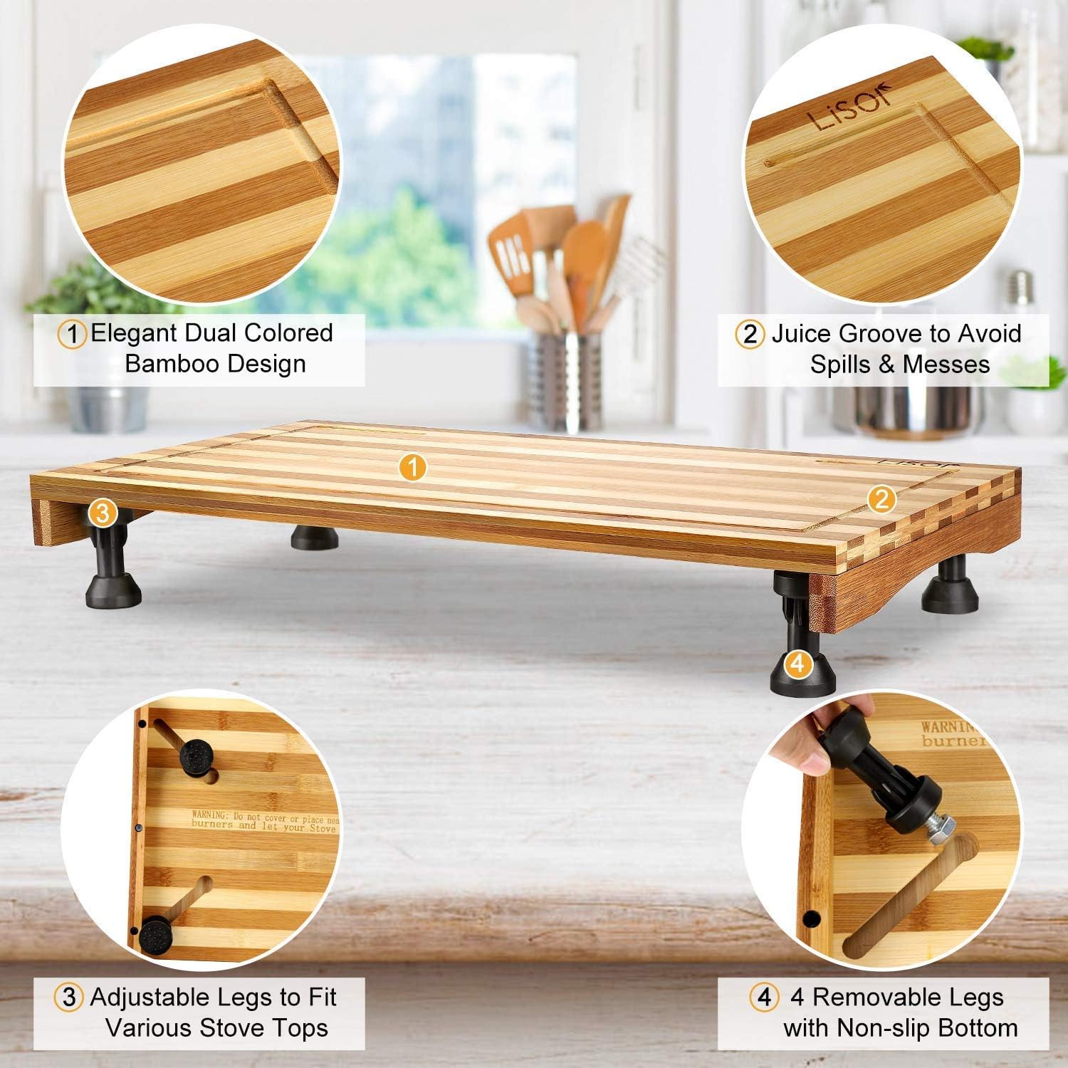 Bamboo Stovetop Cover&Countertop Cutting Board with Adjustable Legs, Dual-purpose Chopping Board for Electric Stove Burner, Workspace Block Cover for RV Camping Camper Gas Cook Top Cover