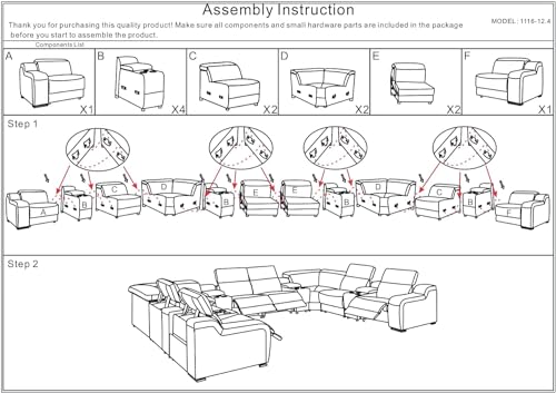 Ibero 12-Piece Italian Leather Sectional Sofa Set with 4 Recliners, Power Adjustable Headrests, USB and Wireless Phone Charger and Console Storage, Light Gray