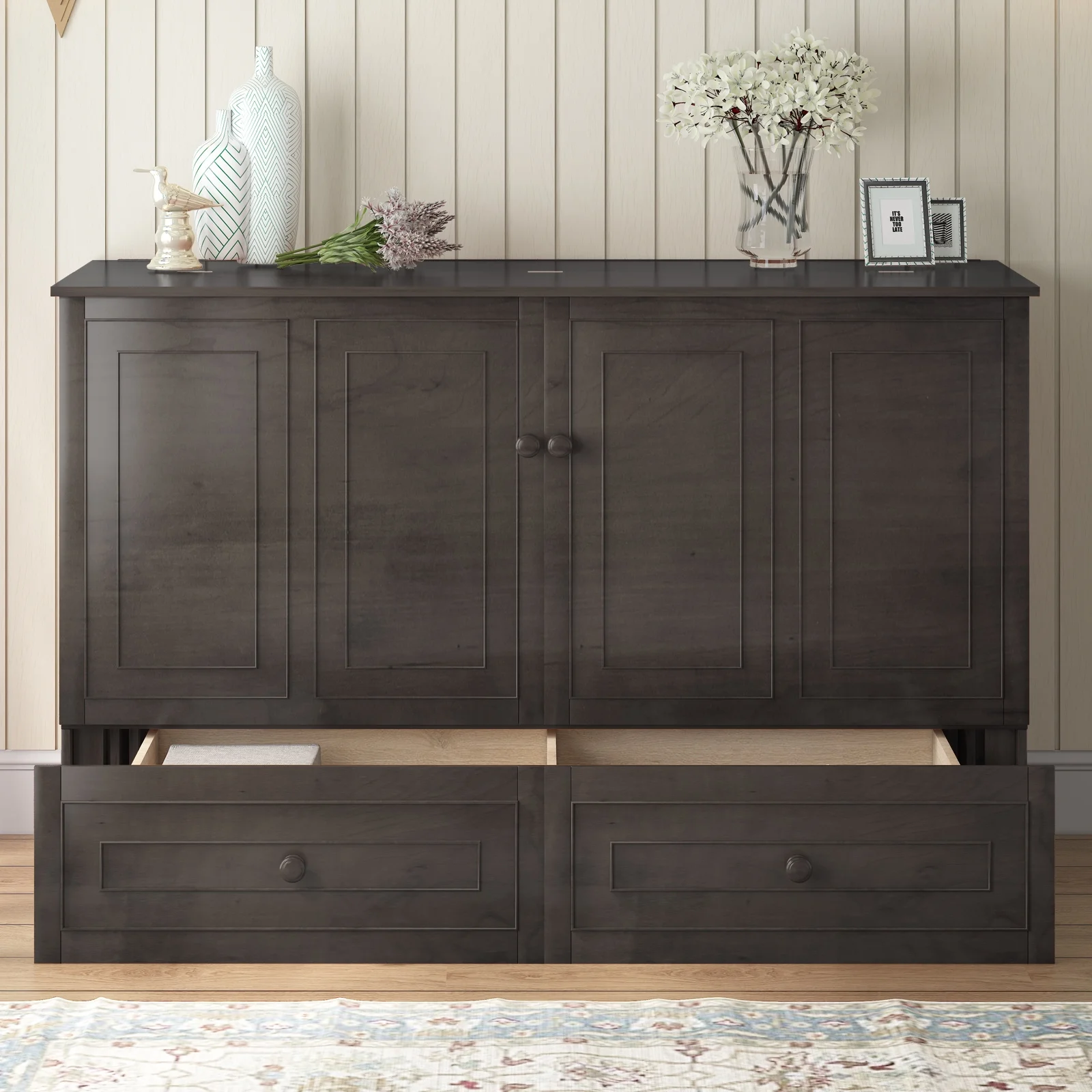 ijuicy Queen Size Murphy Bed Cabinet with Built-in Charging Station and Storage Drawer, Solid Wood Cabinet Bed Queen Size with Mattress, Murphy Cube Chest Bed for Guest Room, Home, Office- Grey