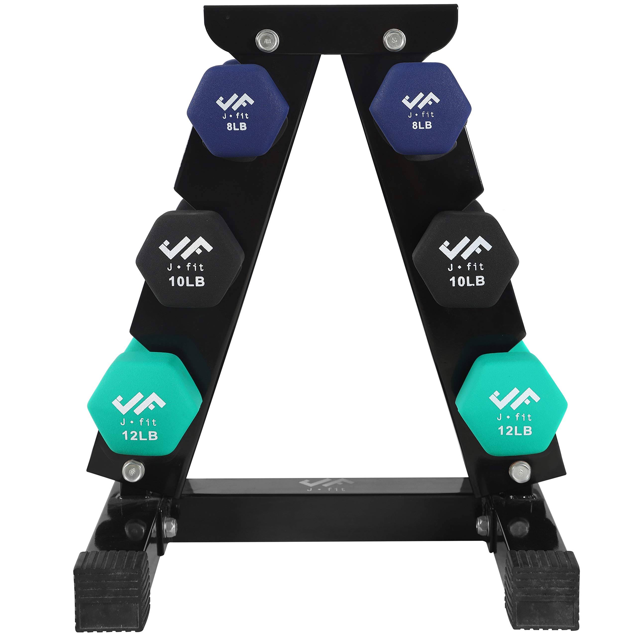 J/fit Dumbbell Set w/Durable Rack | Solid Design | Double Neoprene Coated Workout Weights Non-Chip and Flake | Dumbbells Sets fo