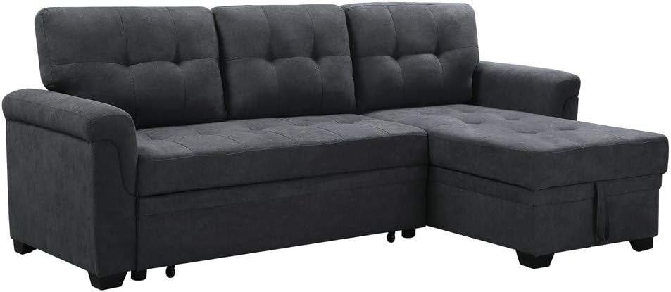 Rustani Dark Gray Reversible Sectional Sleeper Sofa Chaise with Storage in Woven Fabric