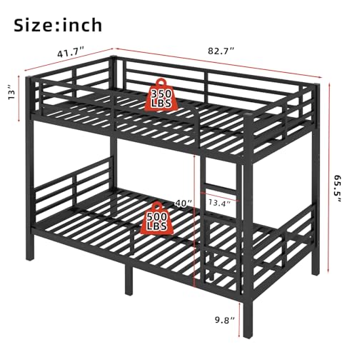 Twin XL Over Twin XL Bunk Bed, Metal Bunk Bed Frame Heavy Duty Bunk Beds Loft Bed Frame with Ladder and Guardrail Metal Slats No Box Spring Required for Adults Teens, Black