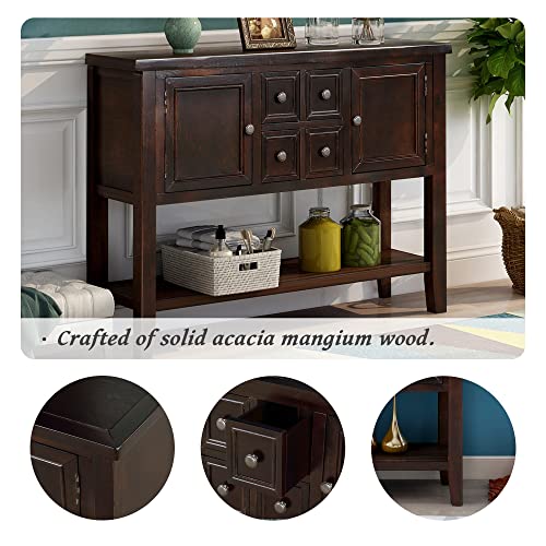 LOVMOR Cambridge Series Buffet Sideboard Console 2 Cabinets 4 Storage Drawers and Open Bottom Shelf, Couch Sofa Table for Living Room Apartment Hallway Entryway, Espresso