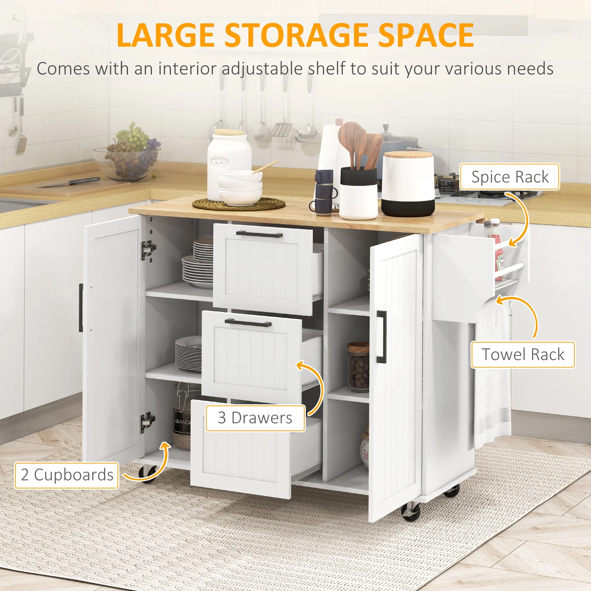 HOMCOM Kitchen Island on Wheels, Kitchen Cart with Drop Leaf, White