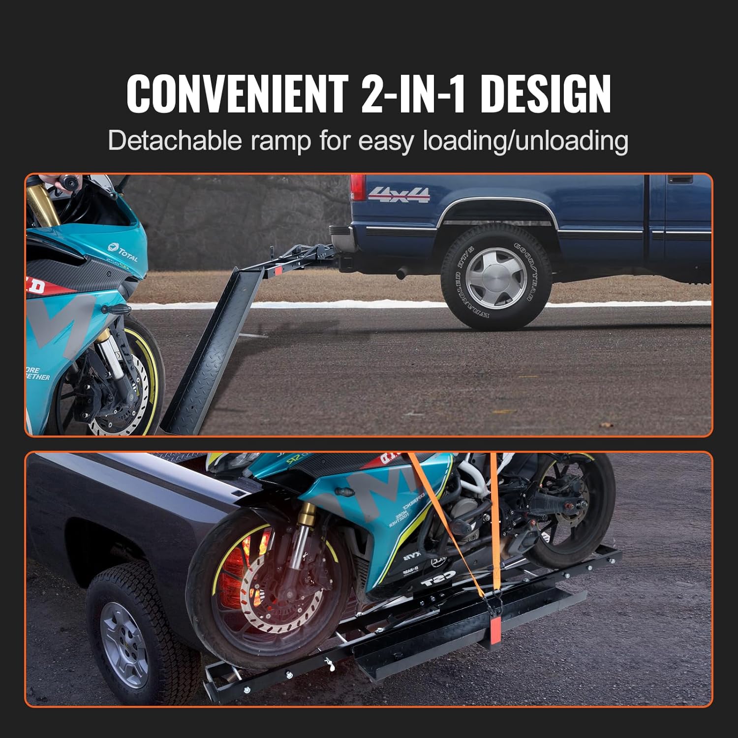 VEVOR Motorcycle Carrier, 600 LBS Steel Motorcycle Carrier Hitch Mount with Loading Ramp, Scooter Dirt Bike Trailer Hauler with Ratchet Straps and Stabilizer, for Car, Truck with 2" Hitch Receiver