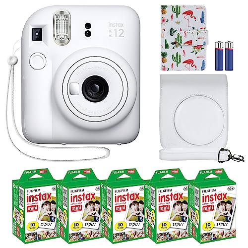 Fujifilm Instax Mini 12 Instant Camera + MiniMate Accessory Bundle & Compatible Custom Case + Fuji Instax Film Value Pack (50 Sheets) Flamingo Designer Photo Album (Blossom Pink)