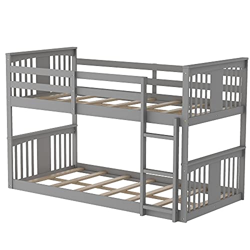 Harper & Bright Designs Twin Over Twin Low Bunk Bed with Headboard and Footboard, Wooden Bunk Bed with Ladder, for Toddlers Kids Boys Girls - White