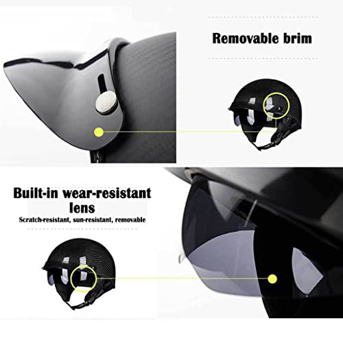 Motorcycle Half Helmet Sun Visor Quick Release Buckle, DOT Approved Half Face Helmets for Men Women, Low Profile Black Carbon Fiber