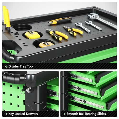 DNA MOTORING 7-Drawer Rolling Tool Cabinet Chest with Keyed Locking System Non-Slip Mat, for Garage Warehouse Workshop, Green, TOOLS-00399