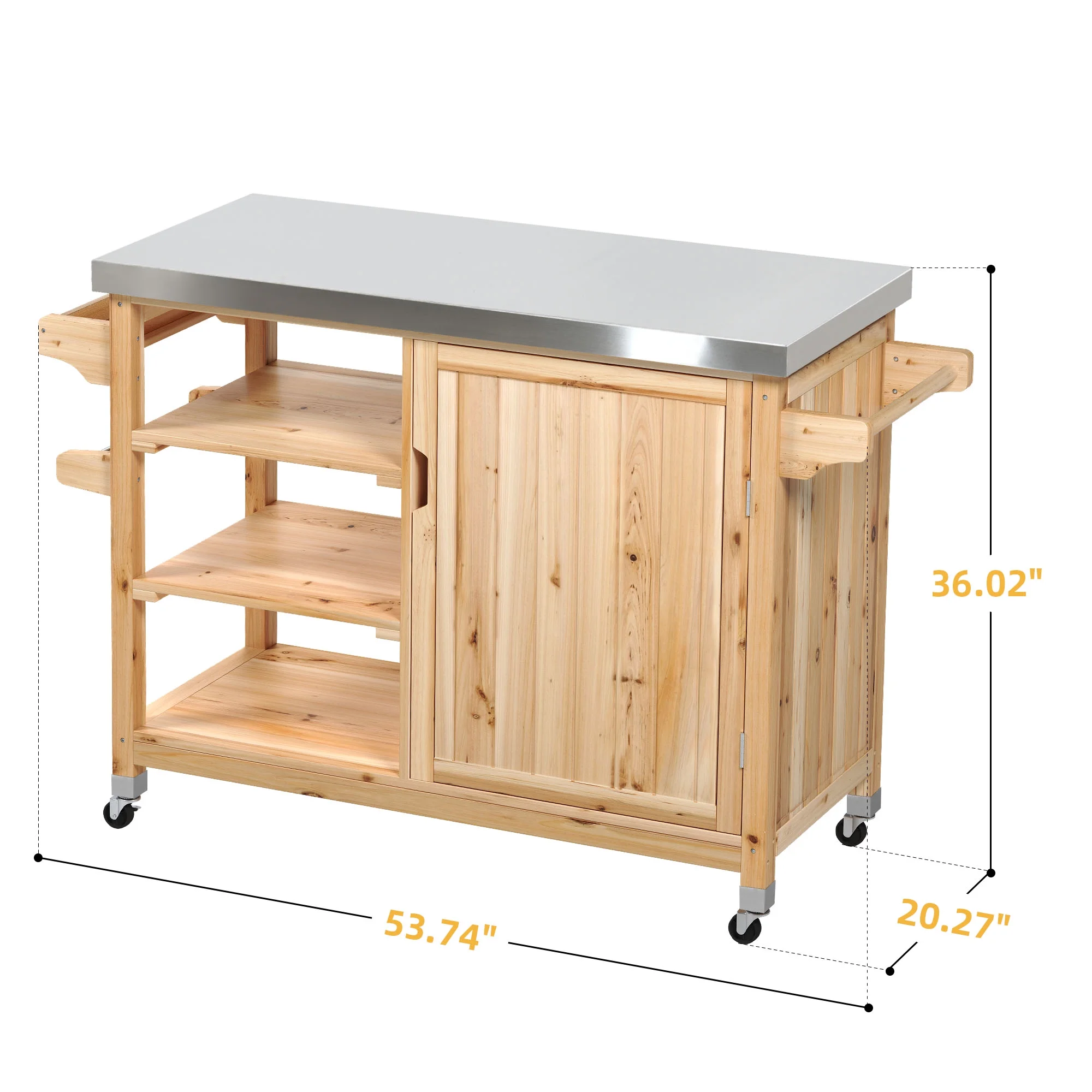 DWVO Outdoor Table and Storage Cabinet Solid Wood Movable Grill Table with Stainless Steel Top for Outside Patio Kitchen Island or Bar Cart - Natural