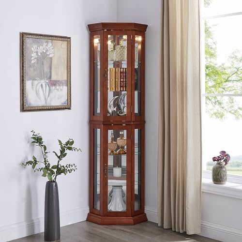 Corner Curio Cabinet with Lights, Lighted Display Cabinet with Glass Doors and Adjustable Shelves, 6-Tier Curio Showcase Floor Stand Collection Art Display Case for Living Room, Pantry (Cherry)