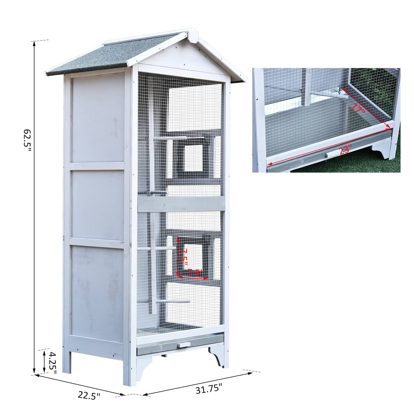 Pawhut Outdoor Wooden Aviary Bird Cage Large Play House w/ Removable Bottom Tray - Grey