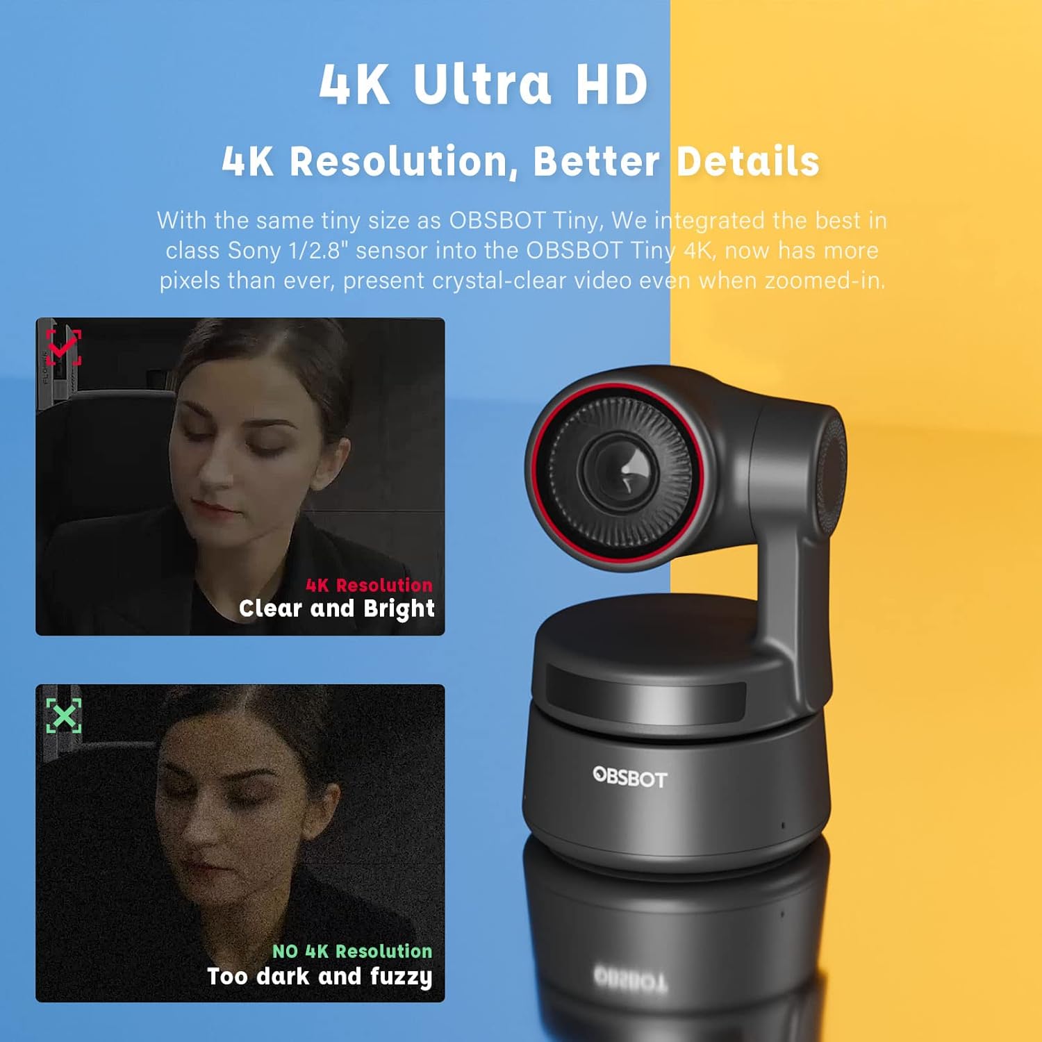 Obsbot Tiny 4K PTZ Webcam, AI-Powered AI-Tracking Auto-Framing Gesture Control HDR 4K Webcam with Dual Omni-Directional Mic 4X Zoom in/Out for Video Meeting Remote Class Live Streaming