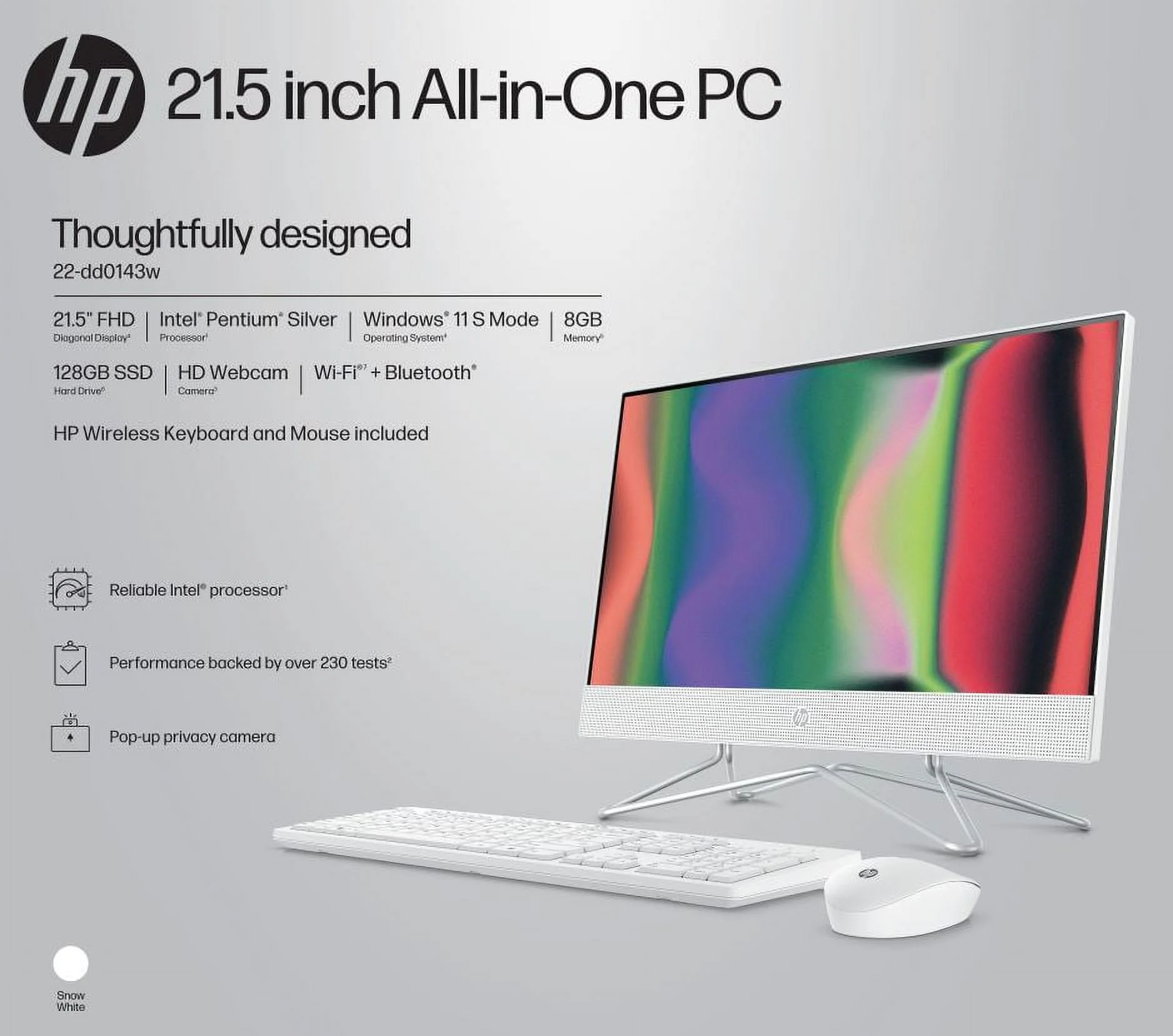 HP 21.5 All-in-One PC, Intel Pentium, 8GB Memory, 128GB SSD, Windows 11 Home S mode, White, 22-dd0143w