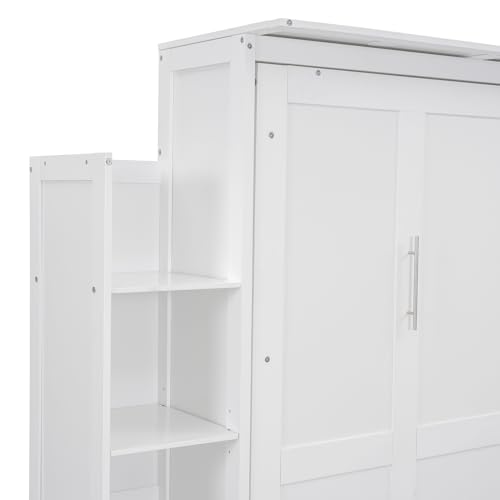 Full Size Murphy Bed, Wood Wall Bed Cabinet Bed with Wall Shelves and LED Lights, Modern Murphy Bed Frame, Foldable Platform, for Guest Room, Office, Apartment, White