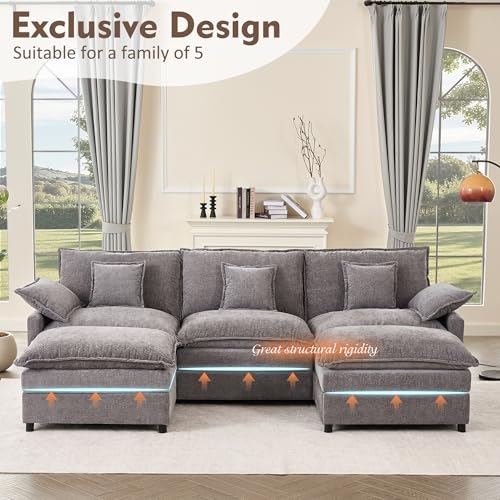 108" U Shaped Couch, Modular Sectional Sofa, 3-Seater Comfy Cloud Couch with Movable Ottoman, Deep Seat Couches for Living Room, Chenille, Black