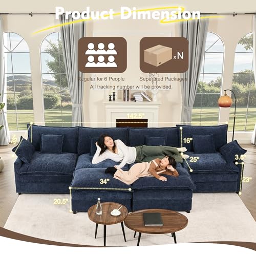 108" U Shaped Couch, Modular Sectional Sofa, 3-Seater Comfy Cloud Couch with Movable Ottoman, Deep Seat Couches for Living Room, Chenille, Black
