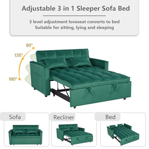 3 in 1 Convertible Sleeper Sofa Bed,Futon Loveseat Couch with Pull-Out Bed & Adjustable Backrest,Velvet Fabric Sofa with Side Pocket for Small Apartment, Living Room, Office (Black)