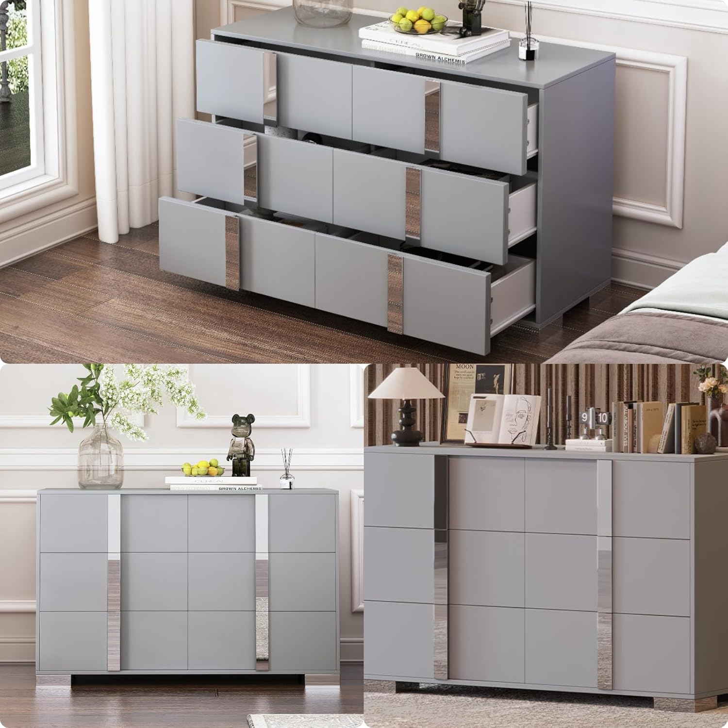 Simple and Elegant Modern, Mirrored Design Metal Handle and 6 Drawers Dresser, Grey