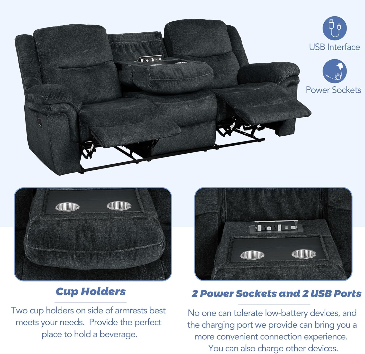 3-Piece Living Room Sets Velvet Recliner Sofa Set Reclining Chairs w/Flipped Middle Backrest,Cup Holders&Hidden Arm Storage for Elderly,Manual Home Theater Seating Lounge w/USB&Sockets for Living Room