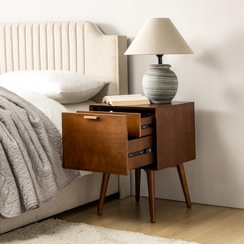 HULALA HOME Nightstand with Charging Station, Mid-Century Modern Nightstands, Wood Night Stand with USB Ports and Outlets for Bedroom, Acorn