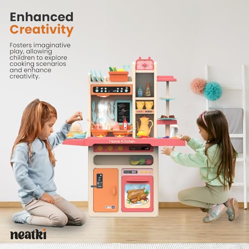 Kids' Play Kitchen Set, 27.95 x 11.22 x 36.81 Inch, 65-Piece Toy Kitchen Playset with Functional Faucet, Realistic Steam Effects, Lights and Sounds, and Other Kitchen Accessories (Blue)