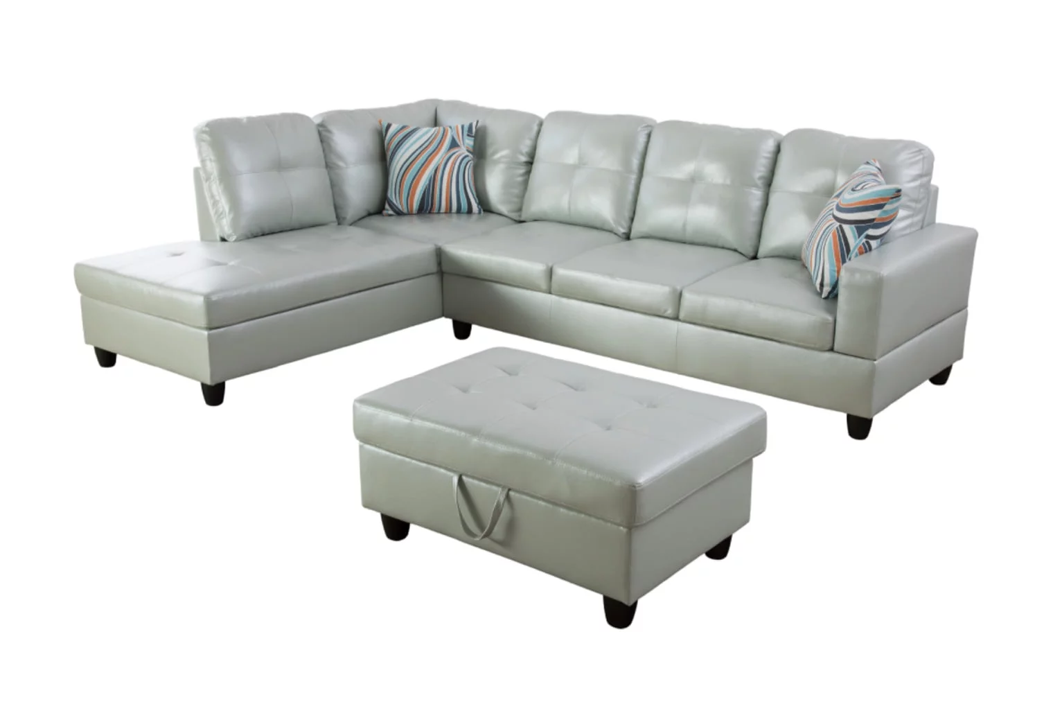 Ainehome Furniture Silver Green Leather Sectinal Sofa Set, L-Shaped Modern & Contemporary Sofa with Chaise Storage Ottoman for Living Room Furniture - Left Hand Facing