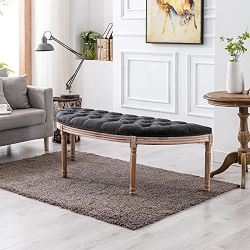 55" End of Bed Bench Vintage Half Moon Upholstered Fabric Semi-Circle Entryway Bench with Padded Seat & Rubberwood Legs, Tufted Dining Bench for Bedroom Living Room Hallway, Beige