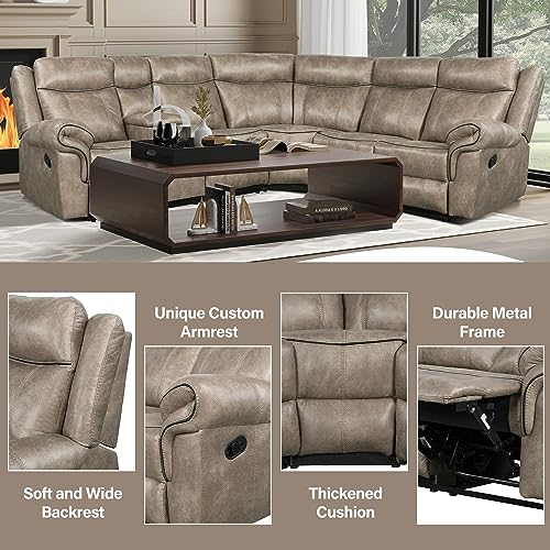 Manual Set, Premium L-Shaped Faux Leather Recliner Corner Sectional Couch with Console & Cup Holders for Living Room Sofas para Sala, A-Black aa