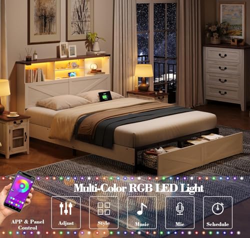 Full Size Bed Frame with Bookshelf, Bookcase High Headboard with Charging Station and LED Light, Farmhouse Bed with Storage Drawers, No Box Spring Needed, Noise Free, Easy Assembly, White