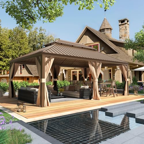 EROMMY 14'x20' Hardtop Gazebo Double Roof Galvanized Steel Canopy Outdoor Aluminum Frame Permanent Metal Pavilion with Netting and Curtains for Patio Backyard Deck and Lawns