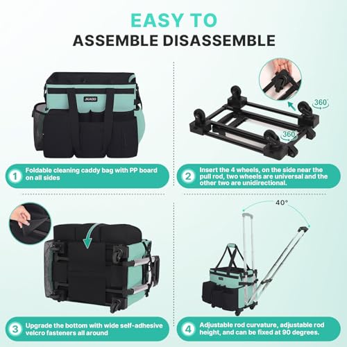Large Rolling Cleaning Caddy Bag with Detachable Trolley, Waterproof Cleaning Caddy on Wheels for Housekeepers, Cleaning Cart Supplies Organizer for Home,Car,Office,Picnic (Blue-Green) (Patent)